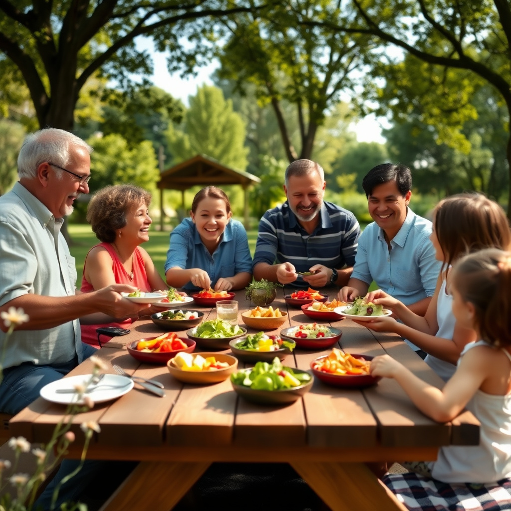 Extended family enjoying a mindful outdoor picnic together