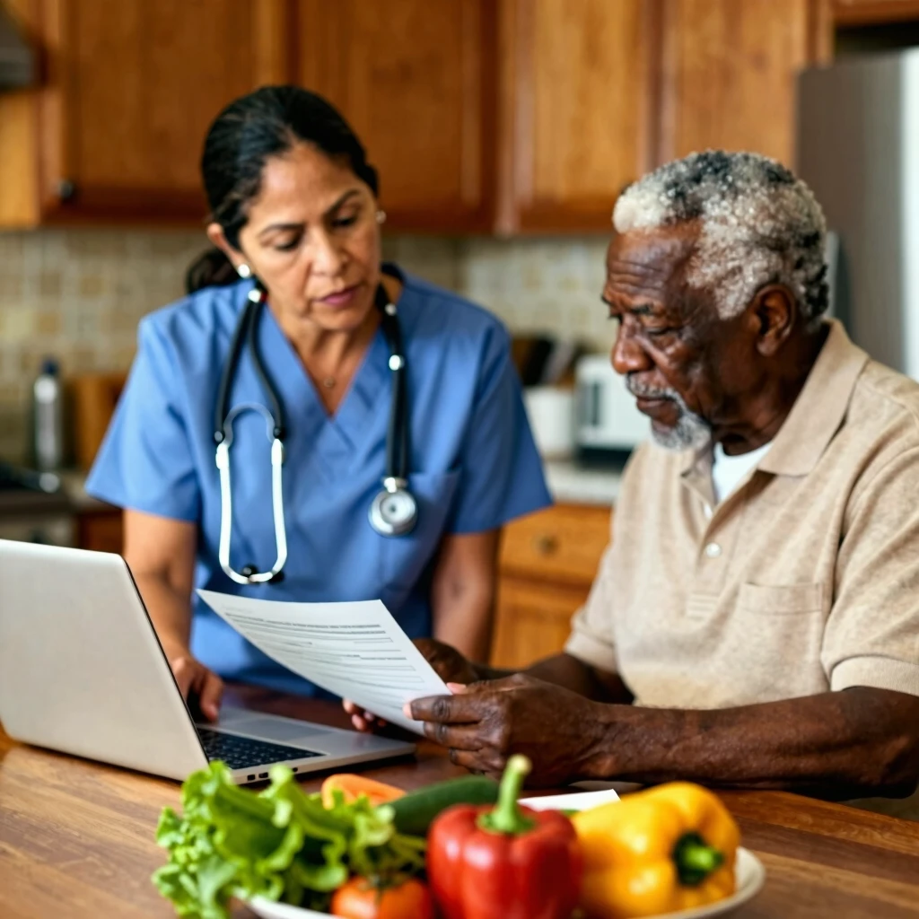 Community health worker assisting a senior with health resources at home