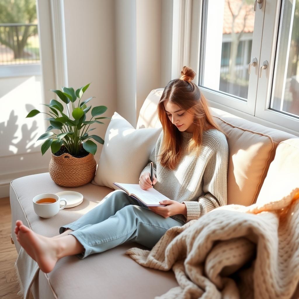 Person journaling in a cozy, sunlit living room with calming decor