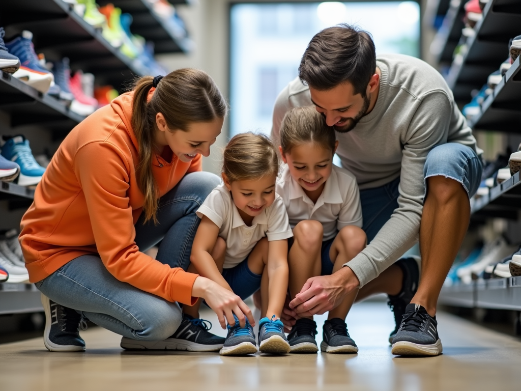 Family trying on running shoes together
