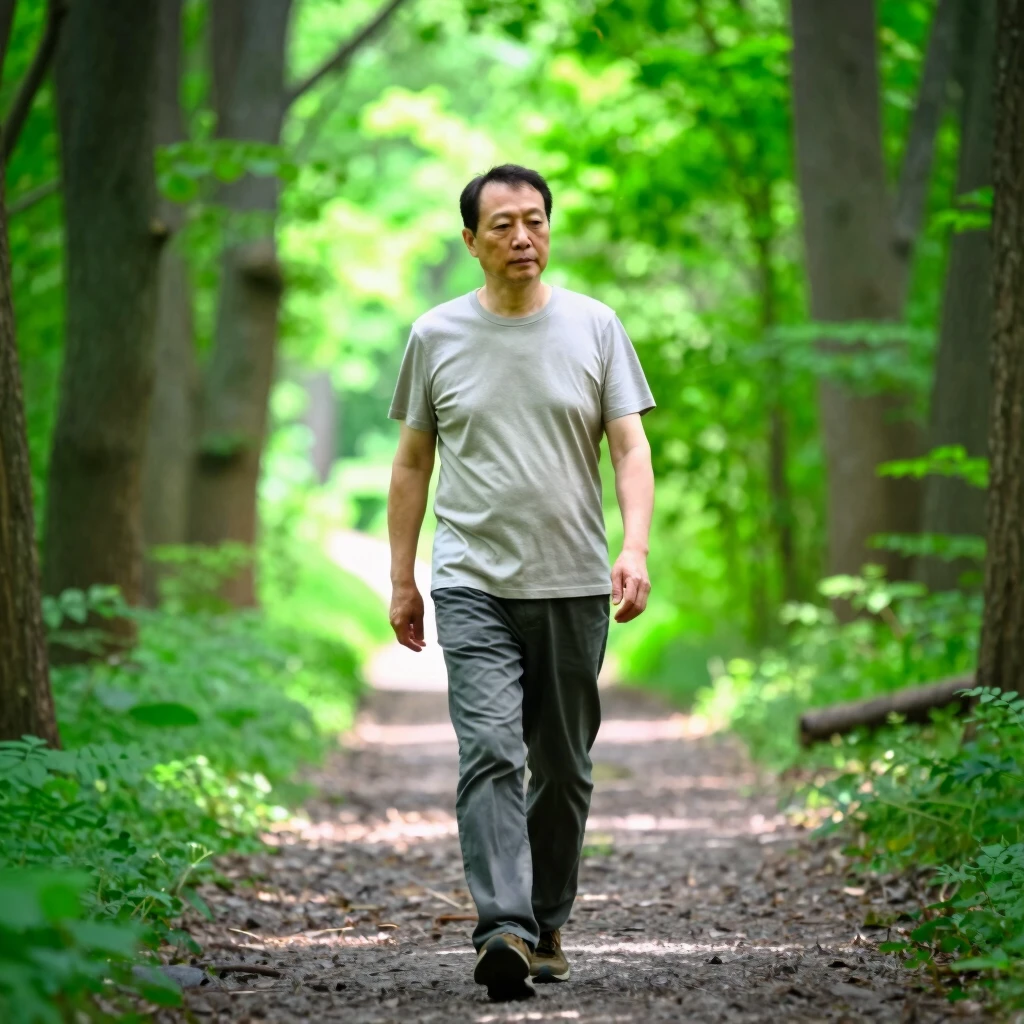 Person practicing mindful walking in a peaceful nature setting