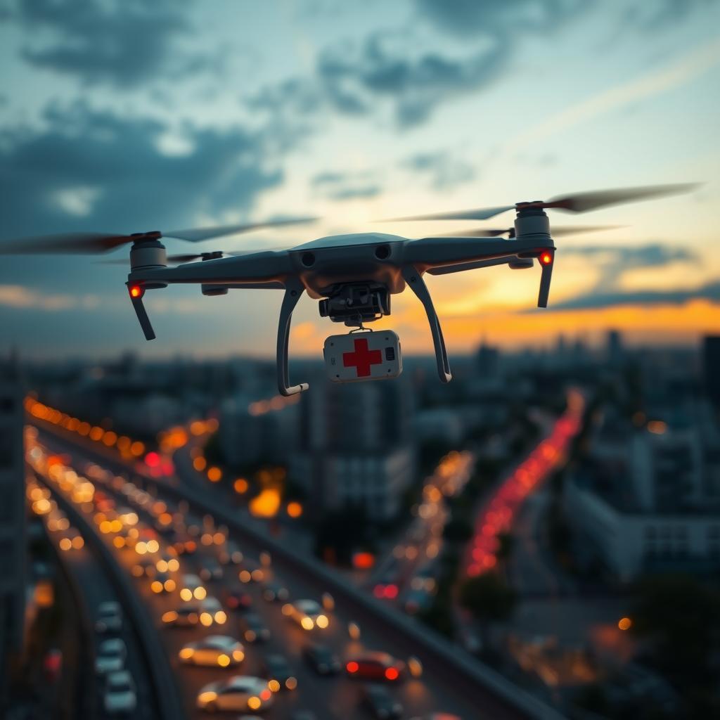 A medical drone with a red and white medical kit flies over a city at sunset, above congested streets.