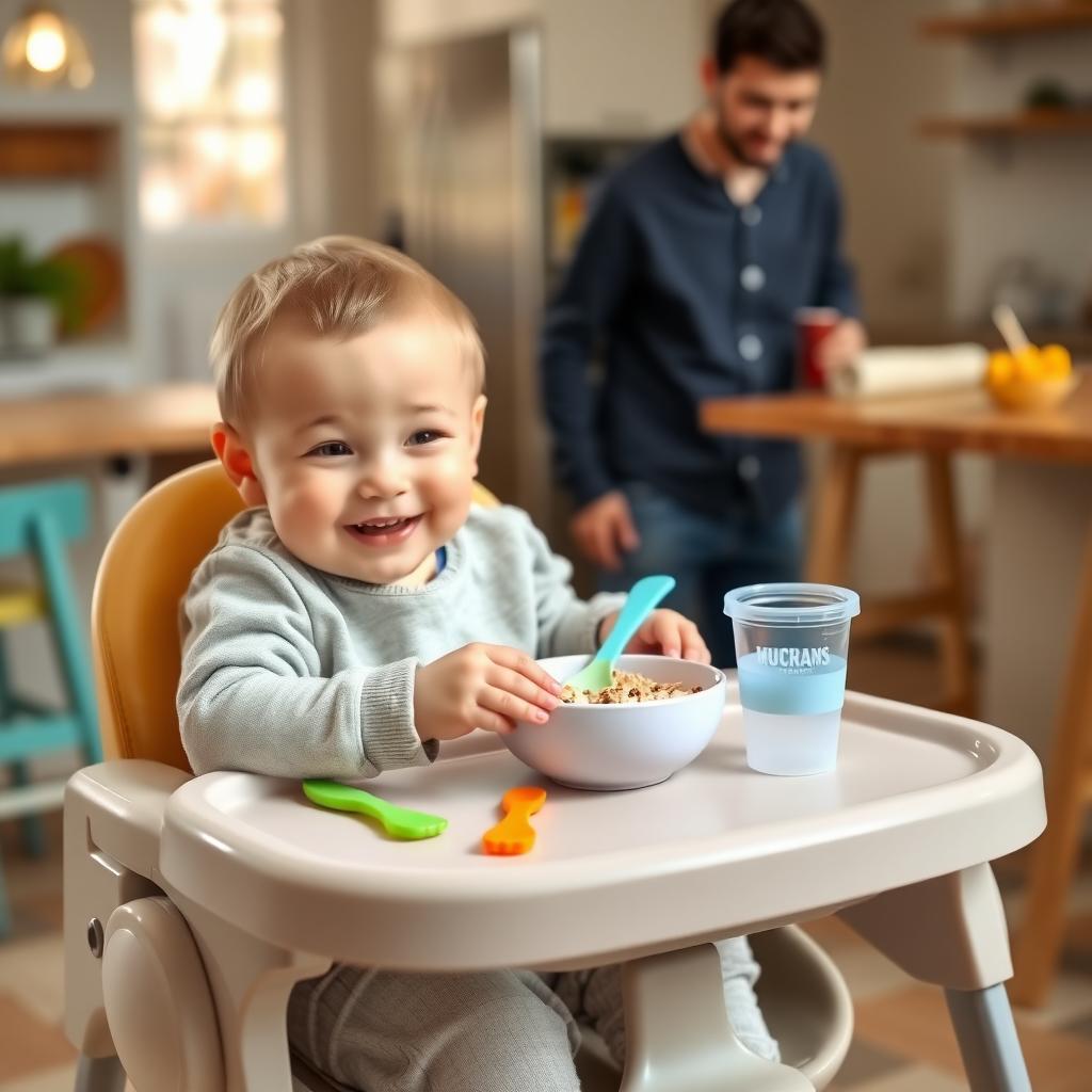 A toddler in a high chair eating oatmeal, with colorful utensils and a sippy cup on the table, in a bright kitchen.