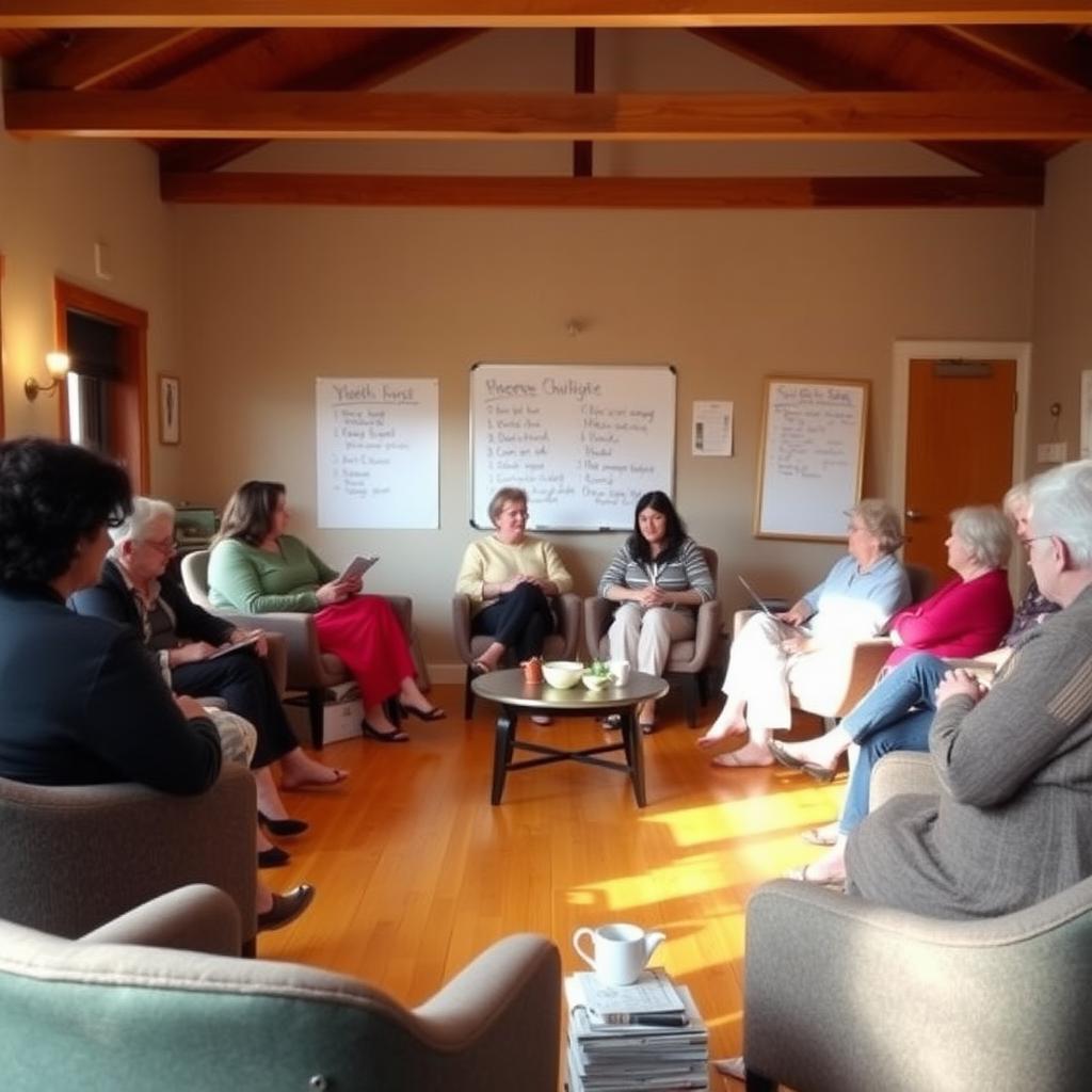 A group of people in a warm, inviting community center room, sitting in a circle, engaged in a supportive discussion.