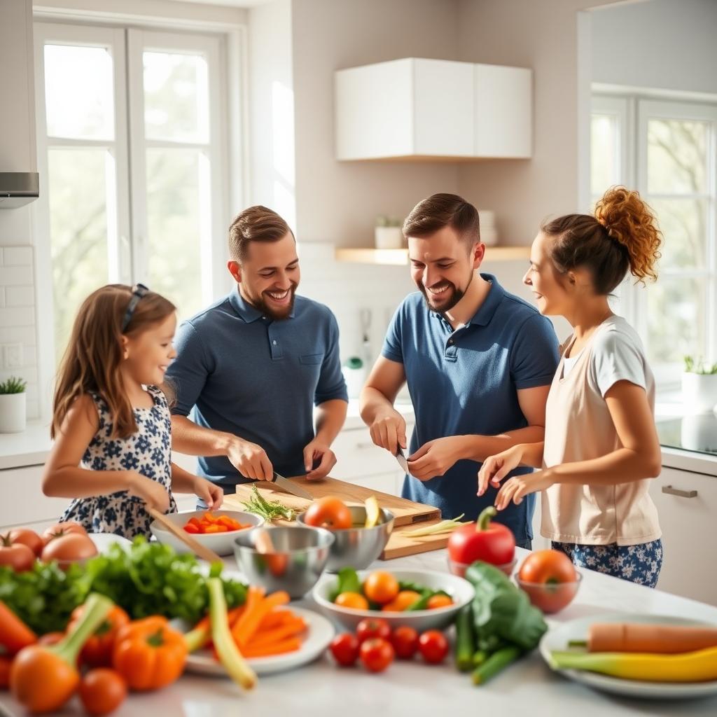 Family preparing a meal together in a bright, modern kitchen.