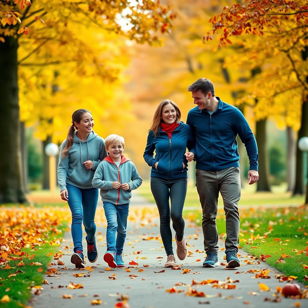 A family walking in an autumn park, dressed in athletic wear, with colorful leaves falling around them.