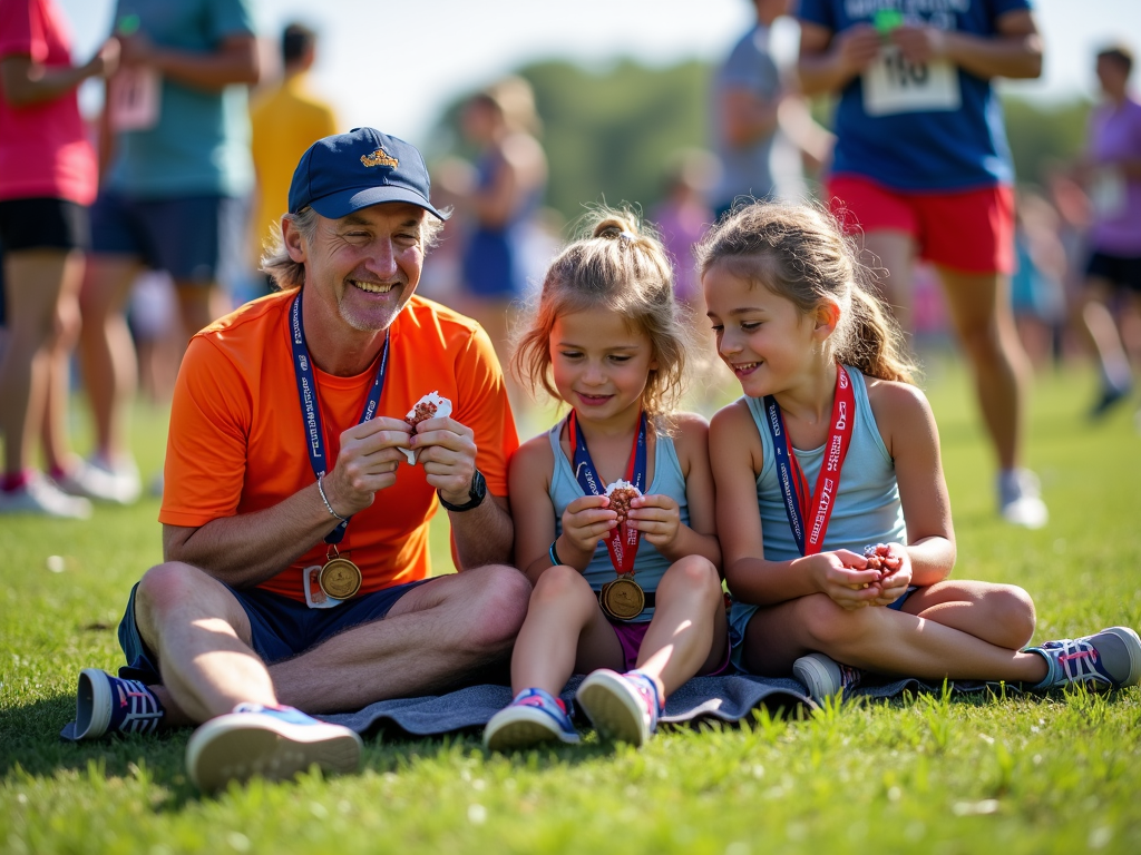 Family relaxing after a 5K race with medals