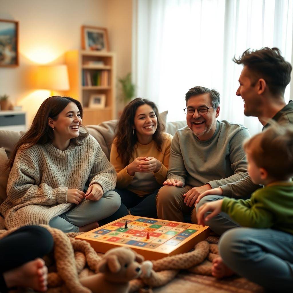 Family enjoying a mindful game night at home