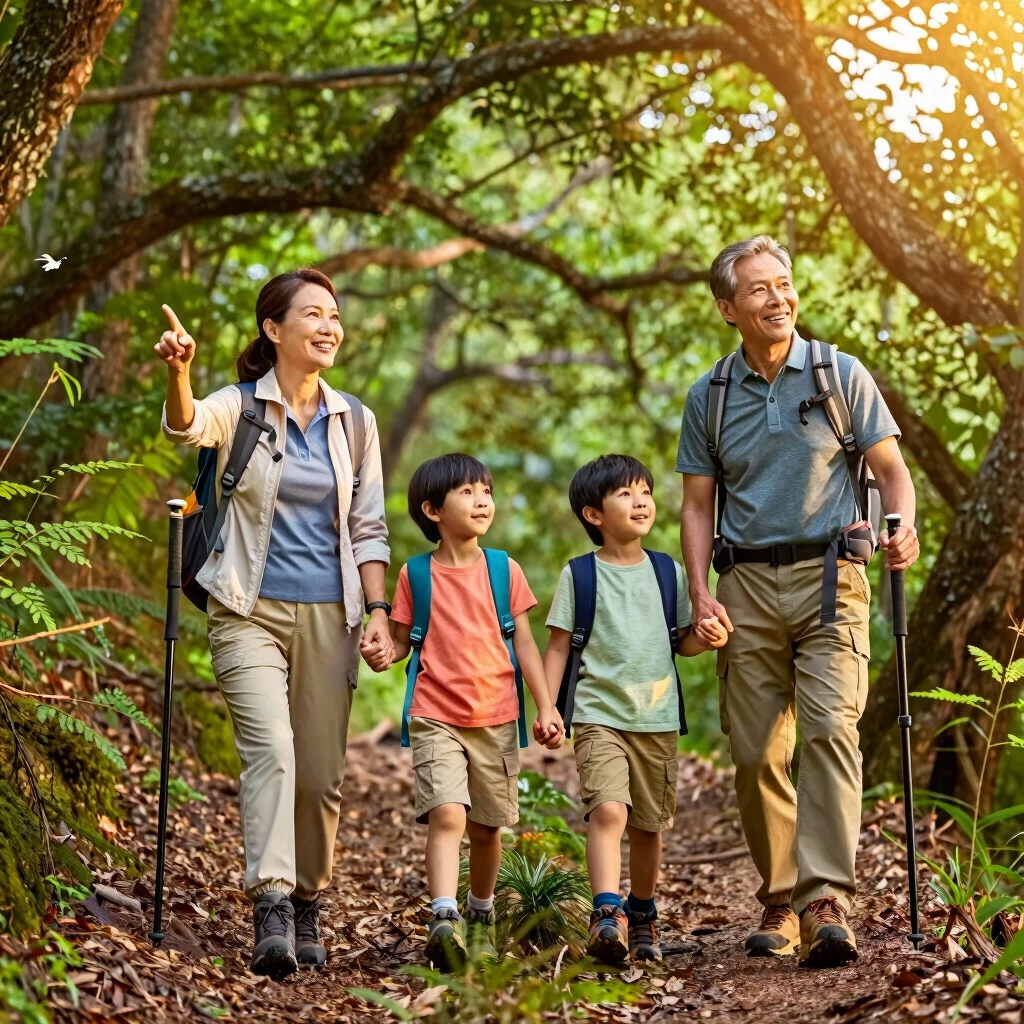 Multi-generational family hiking happily on a forest trail