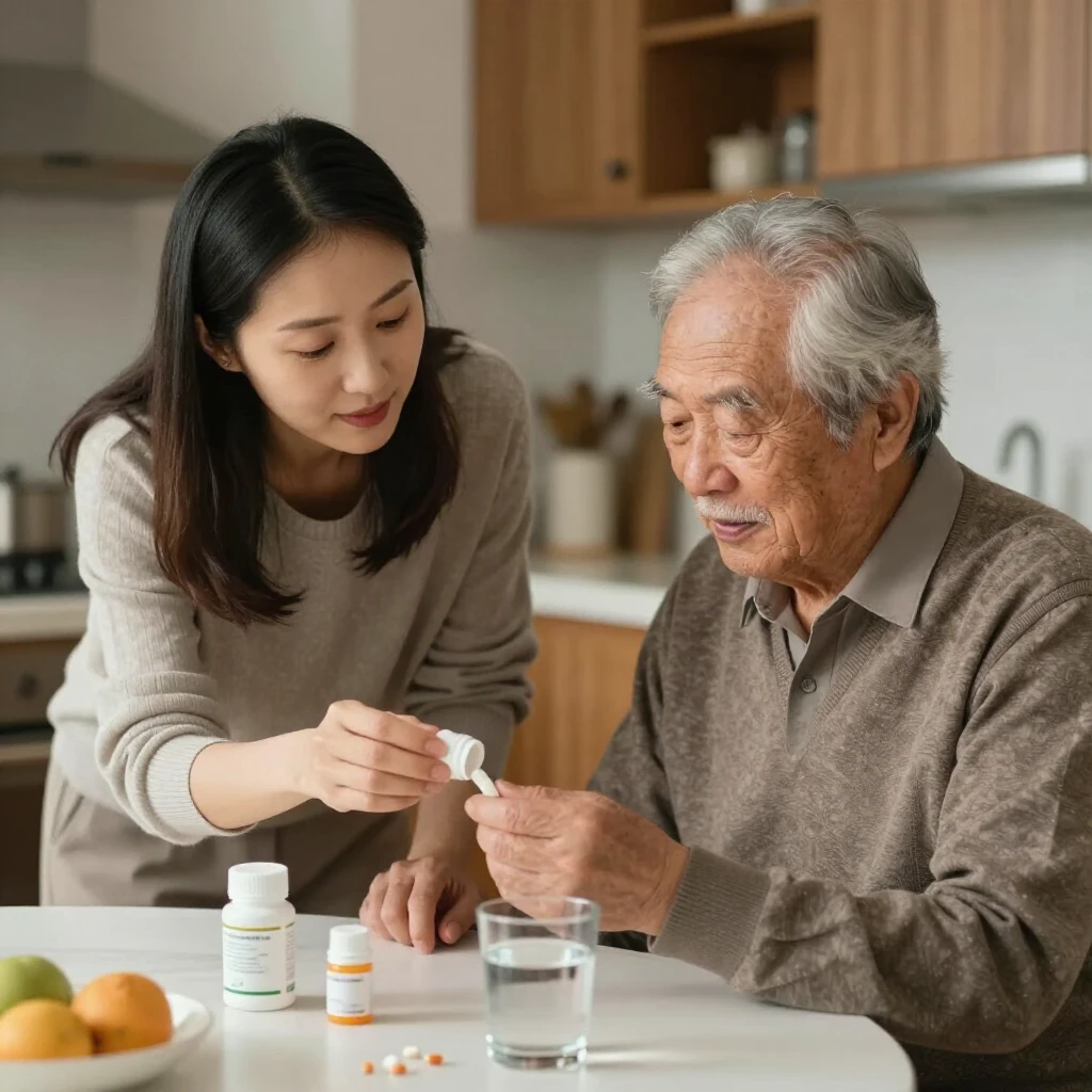 Family member assisting elderly with medication