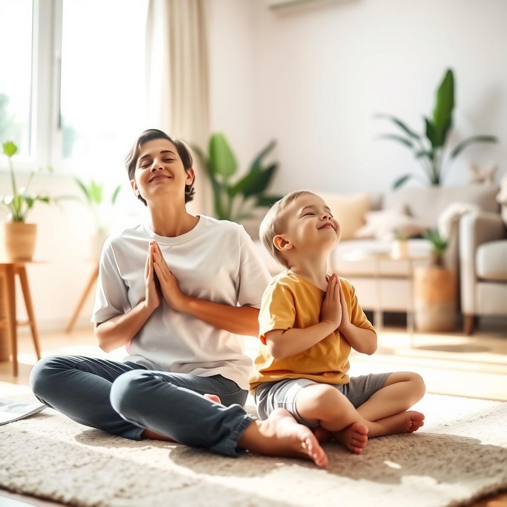 Parent and child practicing mindfulness together in a peaceful, sunlit living room.