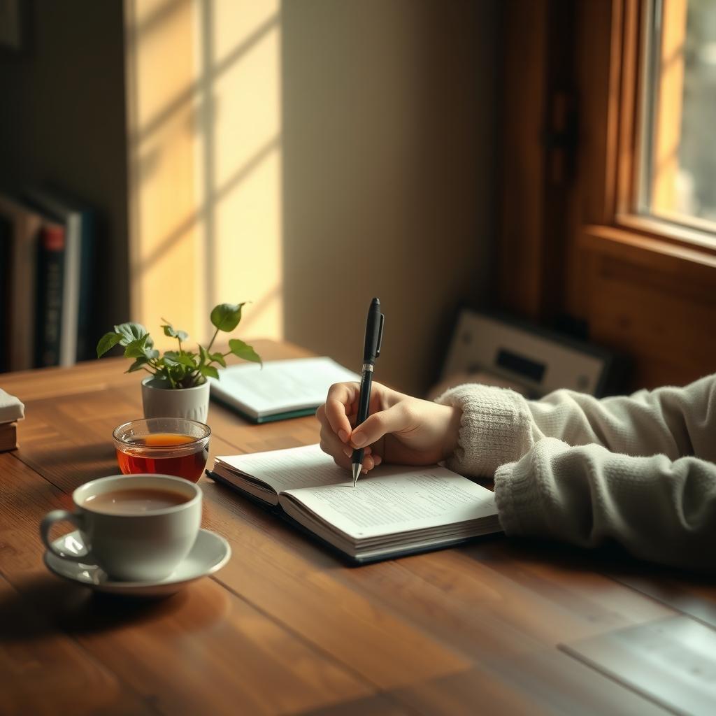 Person writing in a journal at a cozy desk