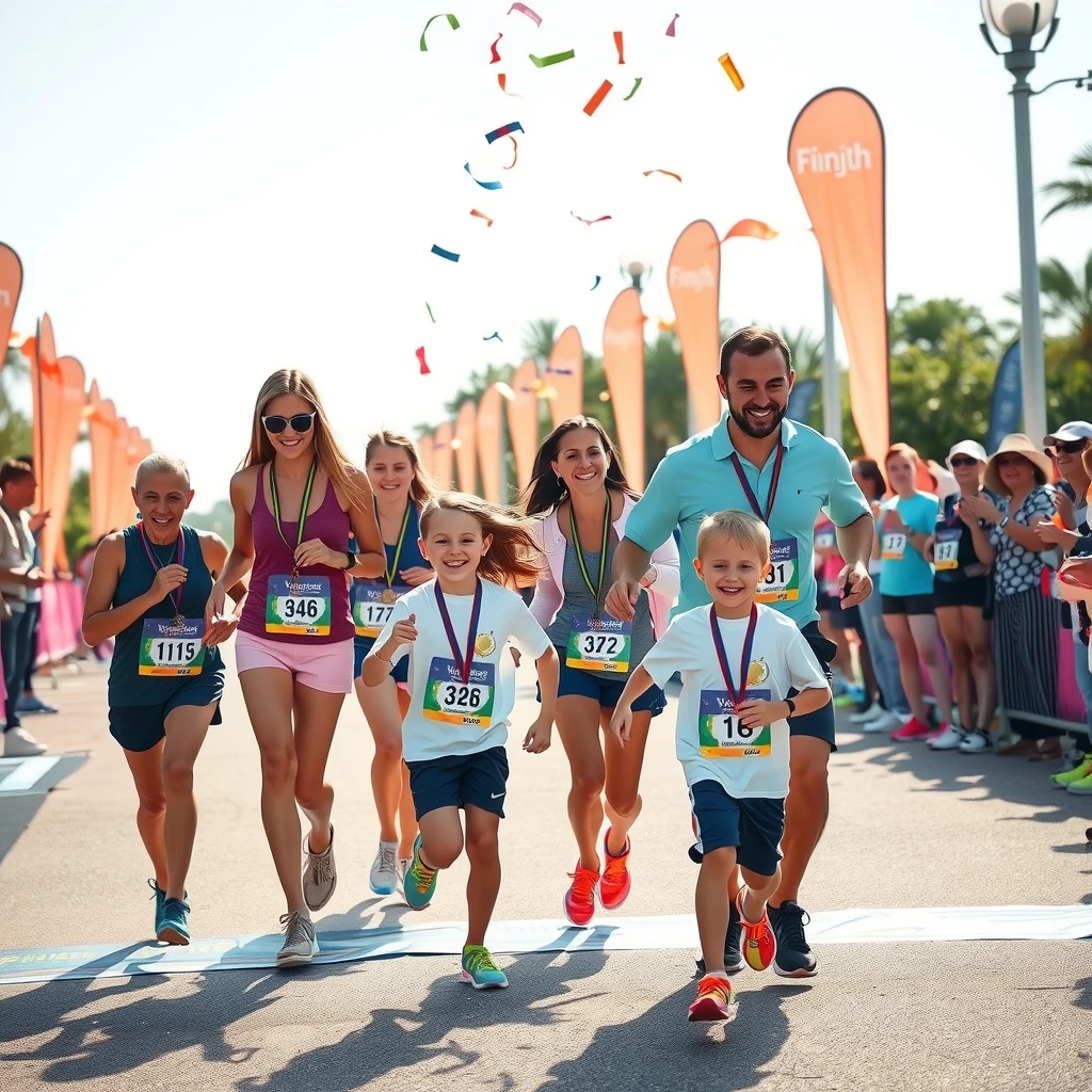 Families celebrating at the finish line of a fun run