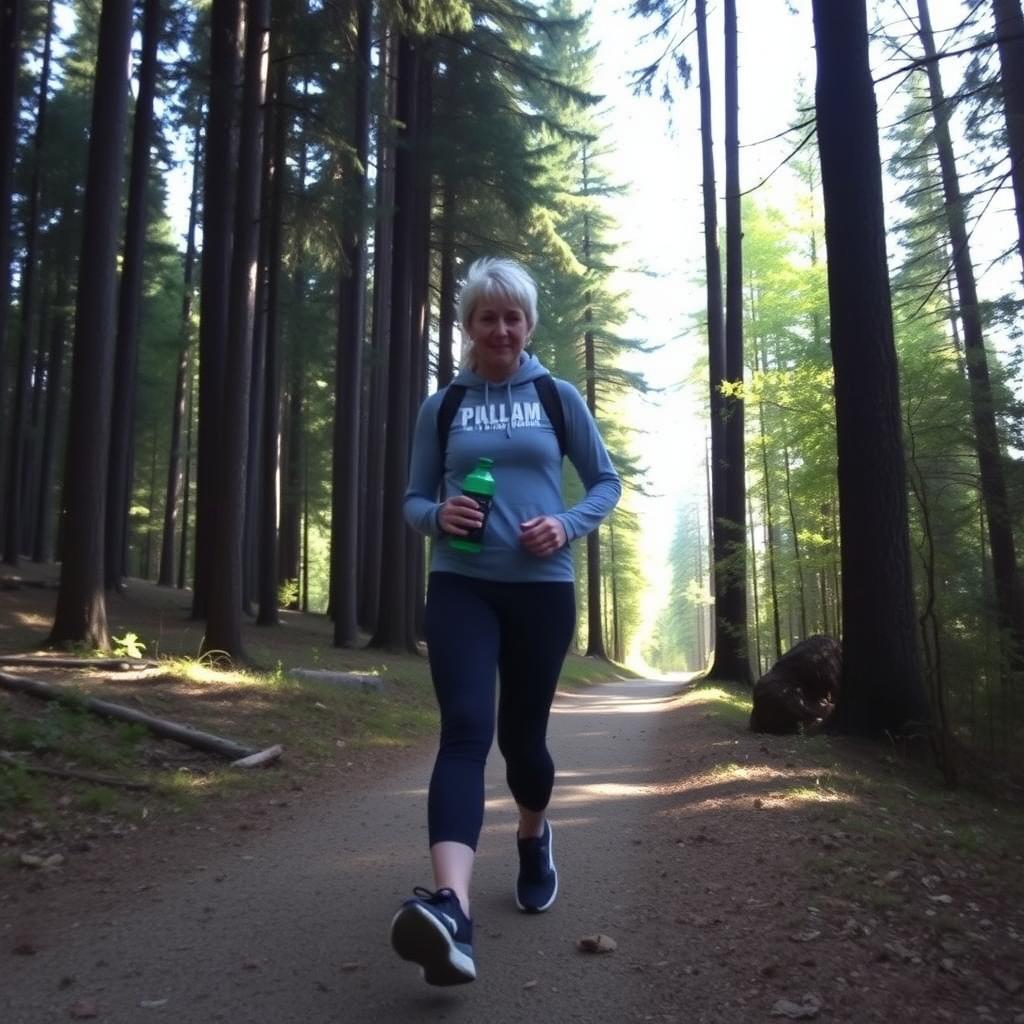 Person walking on a forest path surrounded by trees and sunlight.