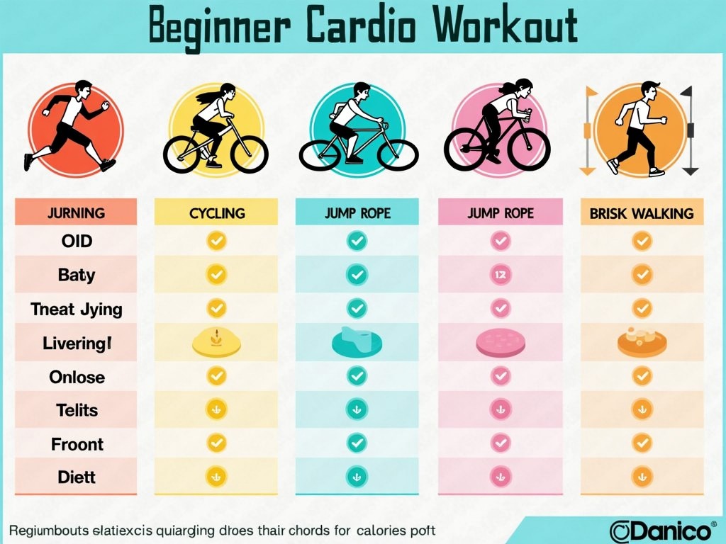 A chart showing different beginner cardio workouts with details of calories burned for each.