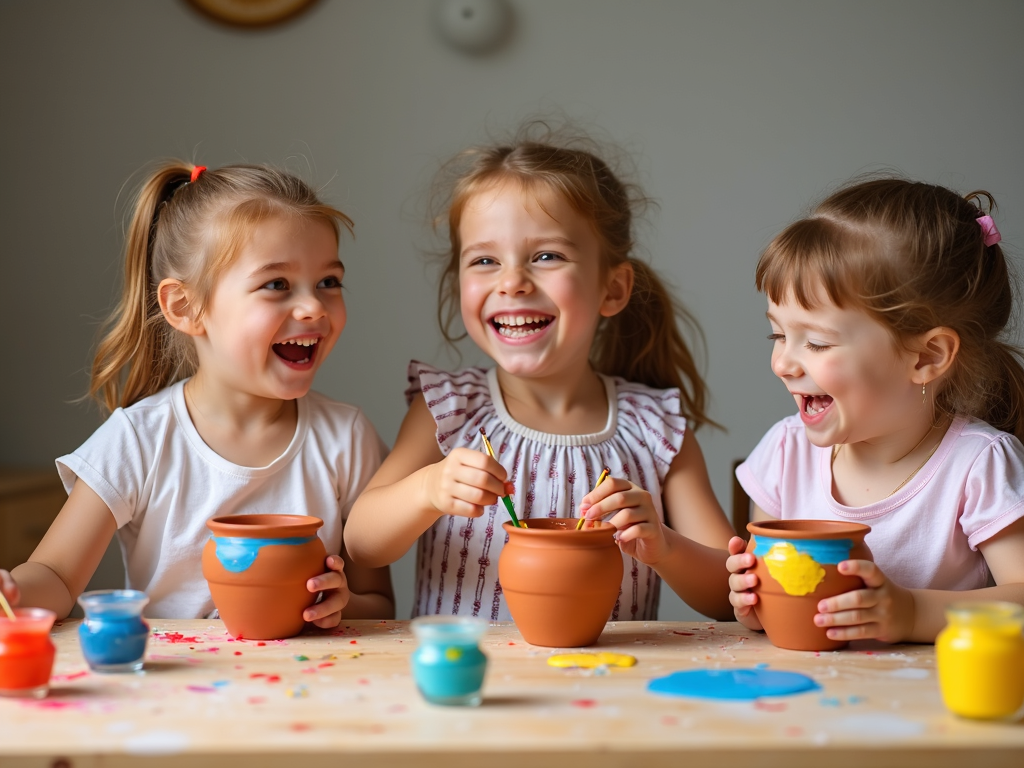 Children painting plant pots for their garden