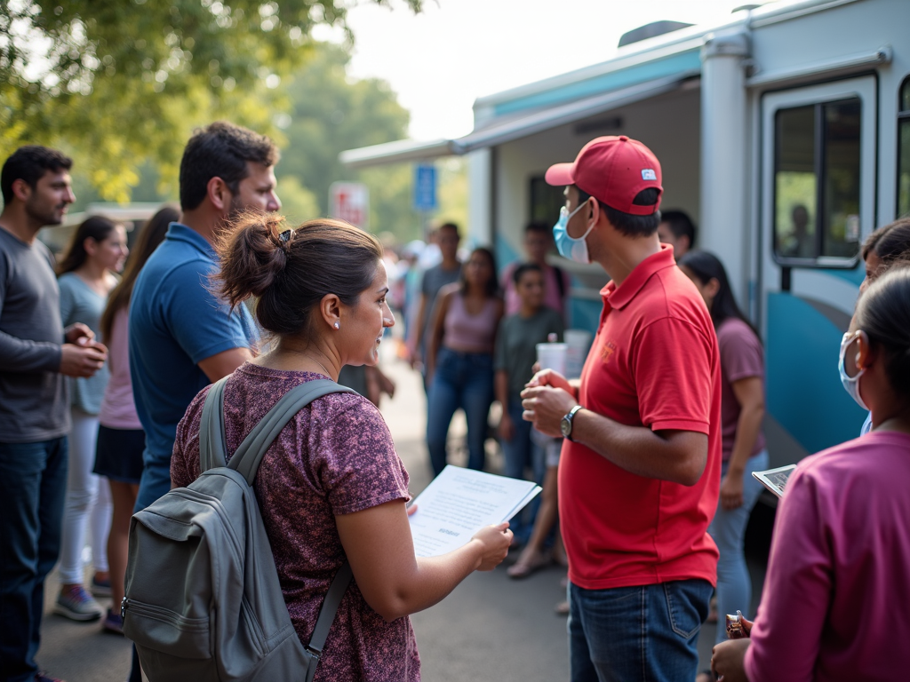 Community members interacting with a mobile clinic, receiving health education and resources.