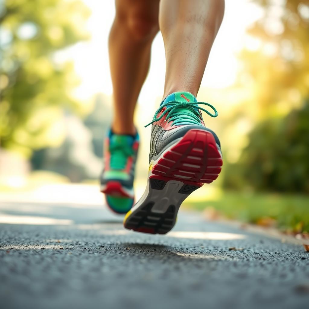 Close-up of a beginner runner’s colorful running shoes mid-stride on a park path on a sunny day.