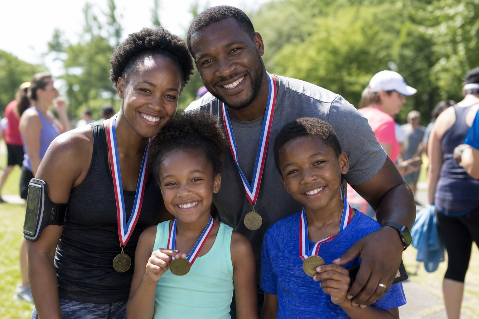 Family celebrating after completing a 5K race