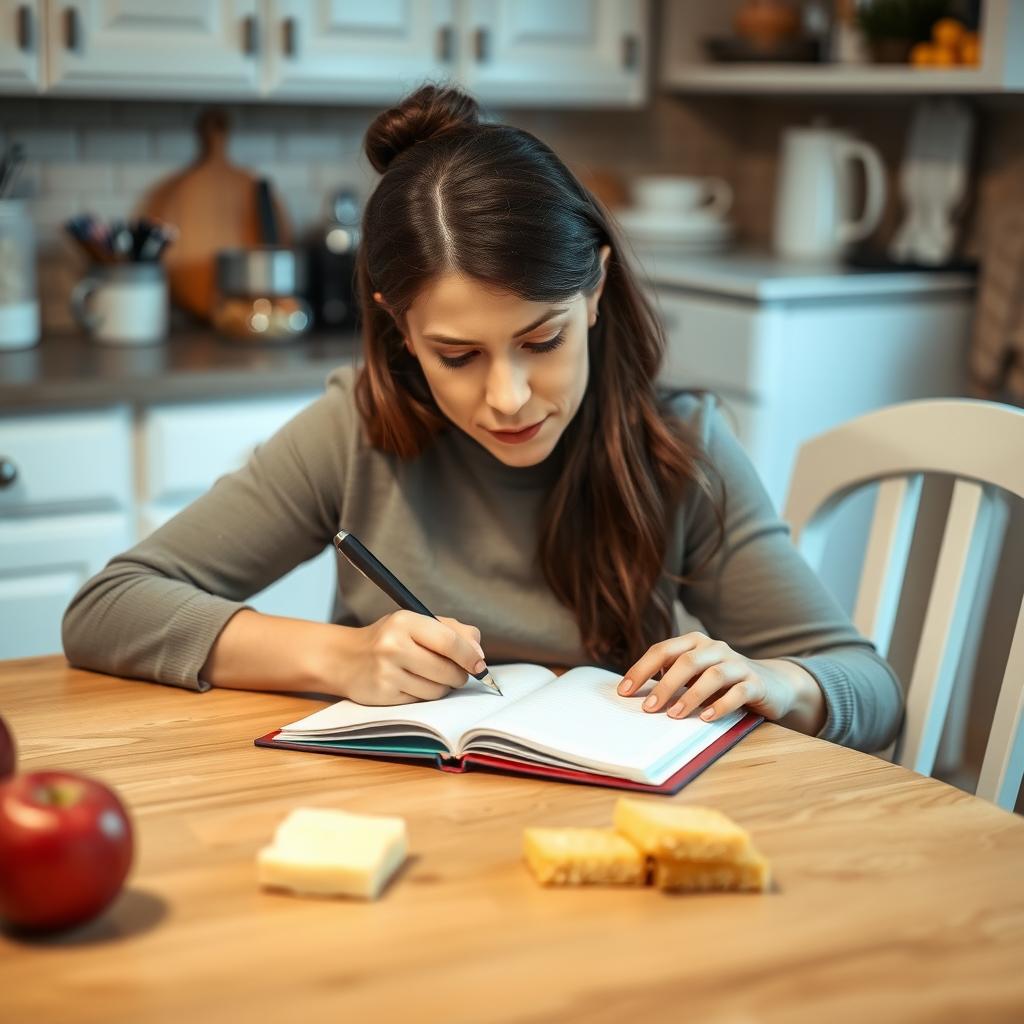 Parent writing in a food diary at a kitchen table with safe foods like apples.