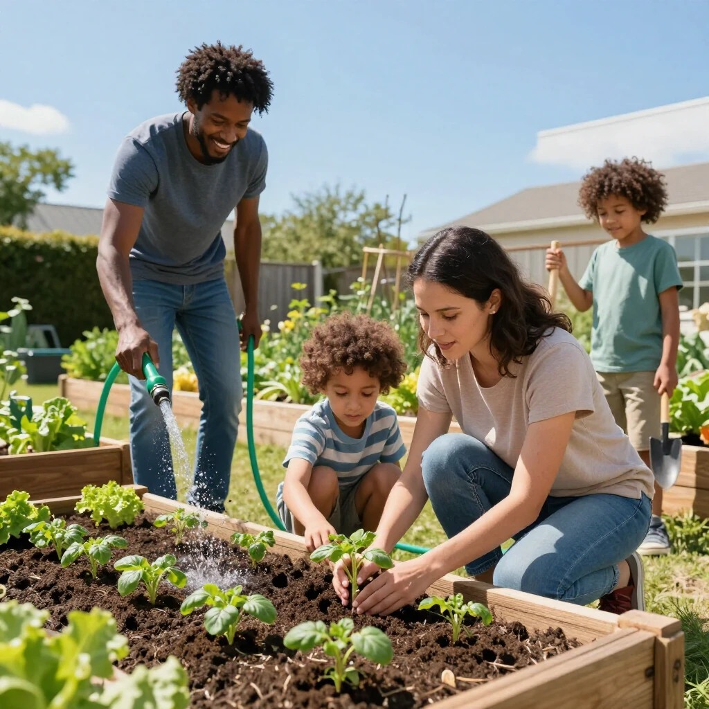 Family working together in their home garden