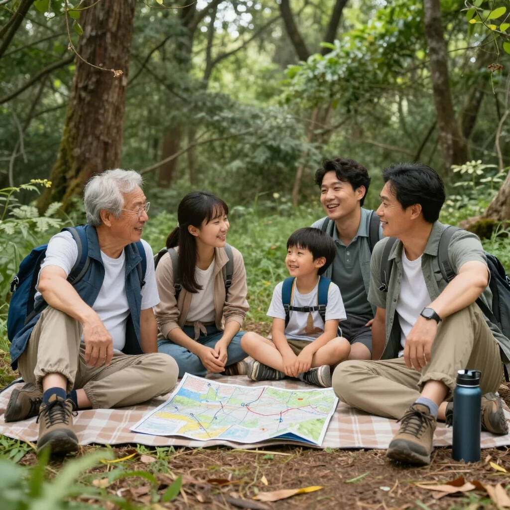 Family bonding during a wellness hike in the forest
