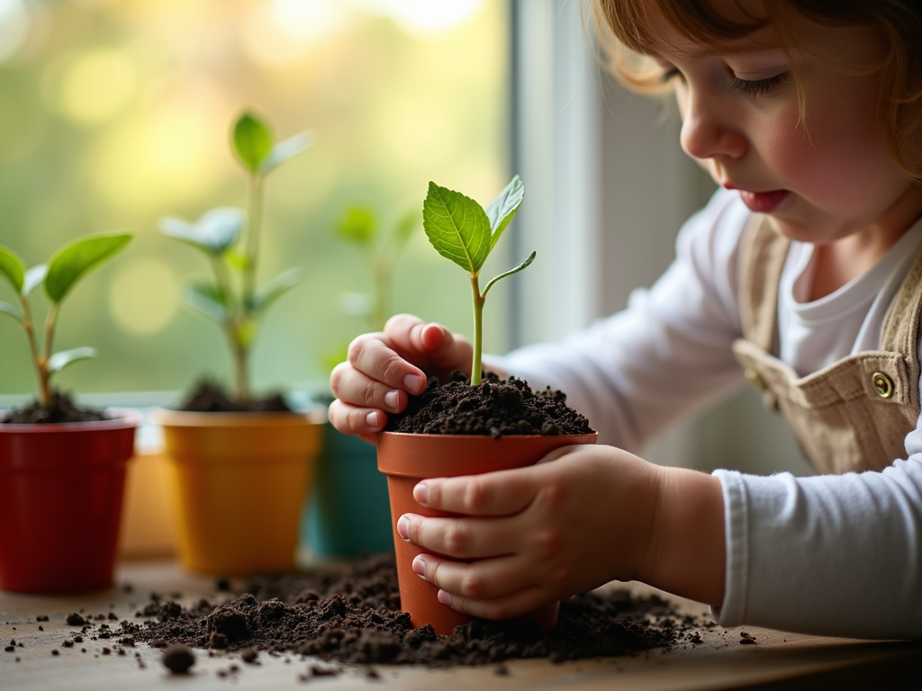 A child planting a seedling in a pot on a windowsill
