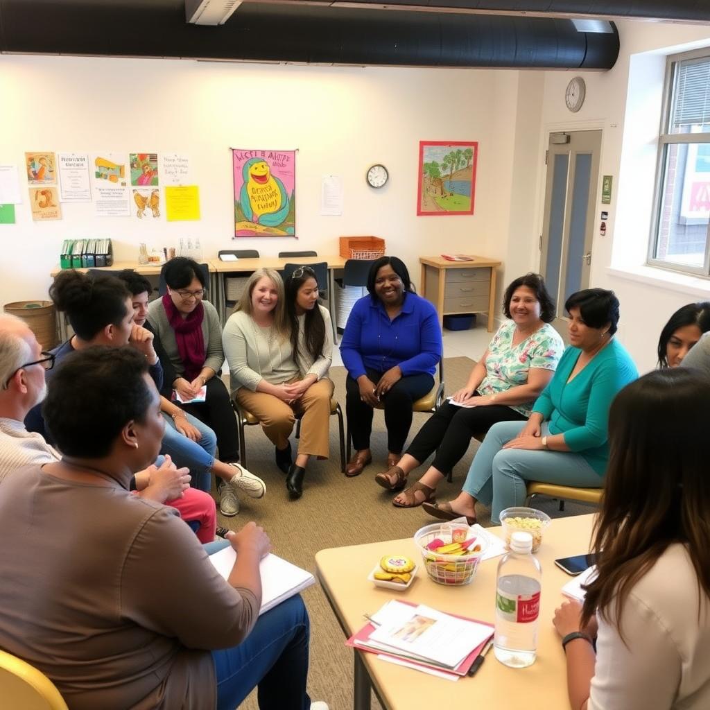 A diverse group of people sharing stories in a bright community center room.
