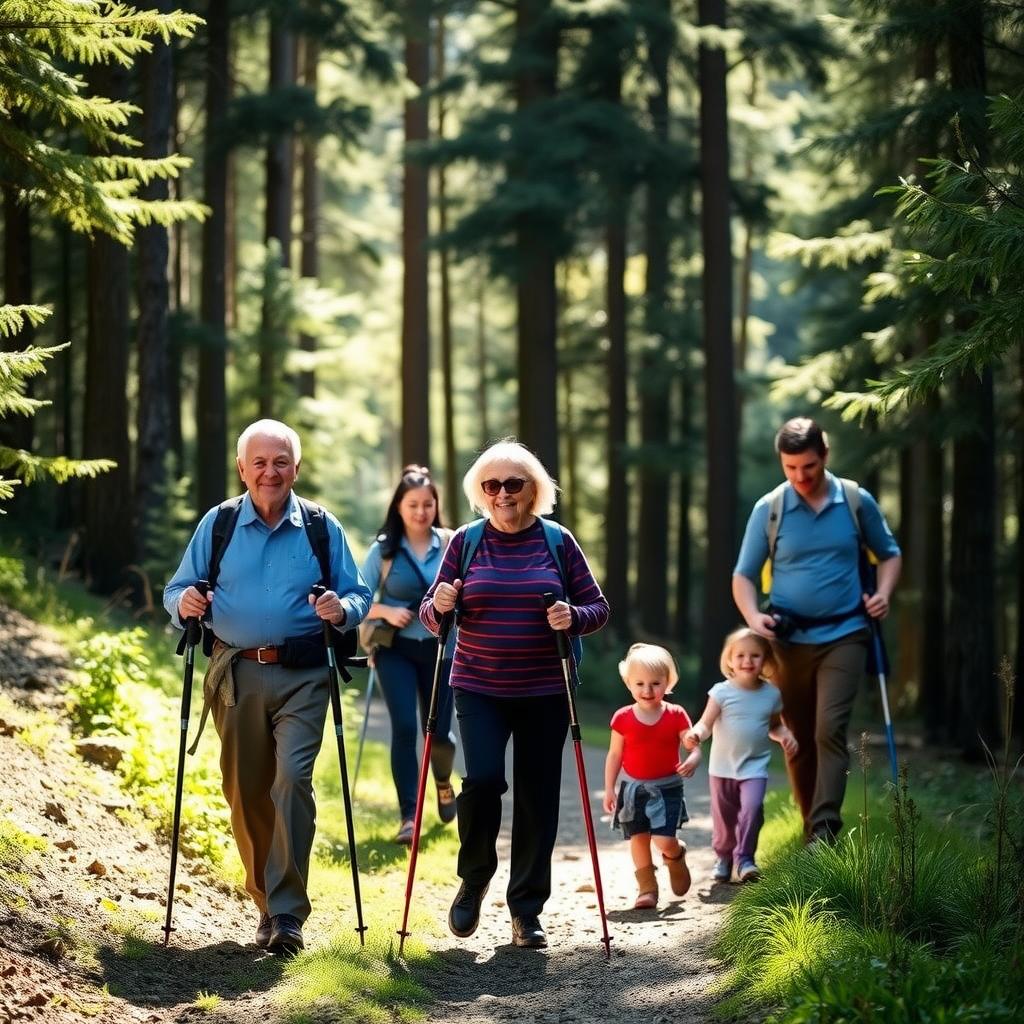 A family enjoying a hike together in a peaceful forest setting.