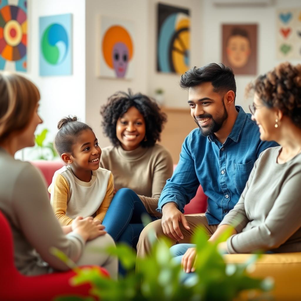 Family in a therapy session with a kind therapist