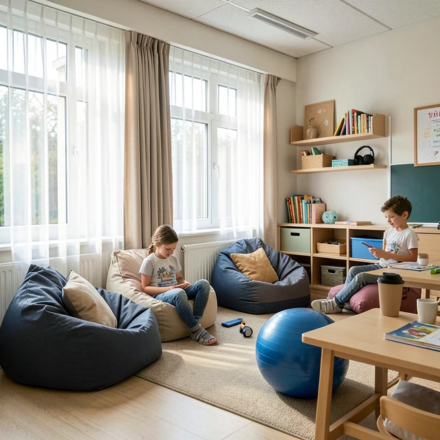 Sensory-friendly classroom with flexible seating and calming areas