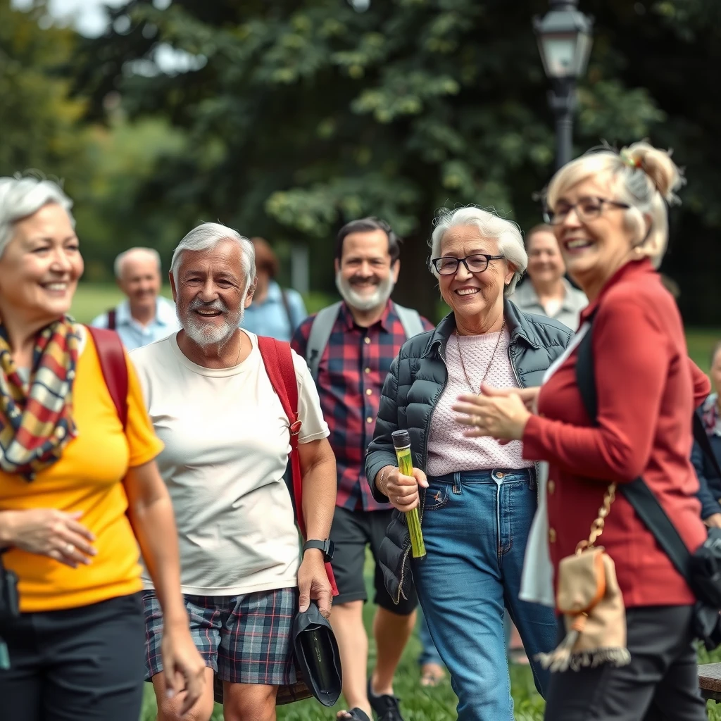 Diverse group of older adults enjoying community activities outdoors, representing inclusivity and active aging.