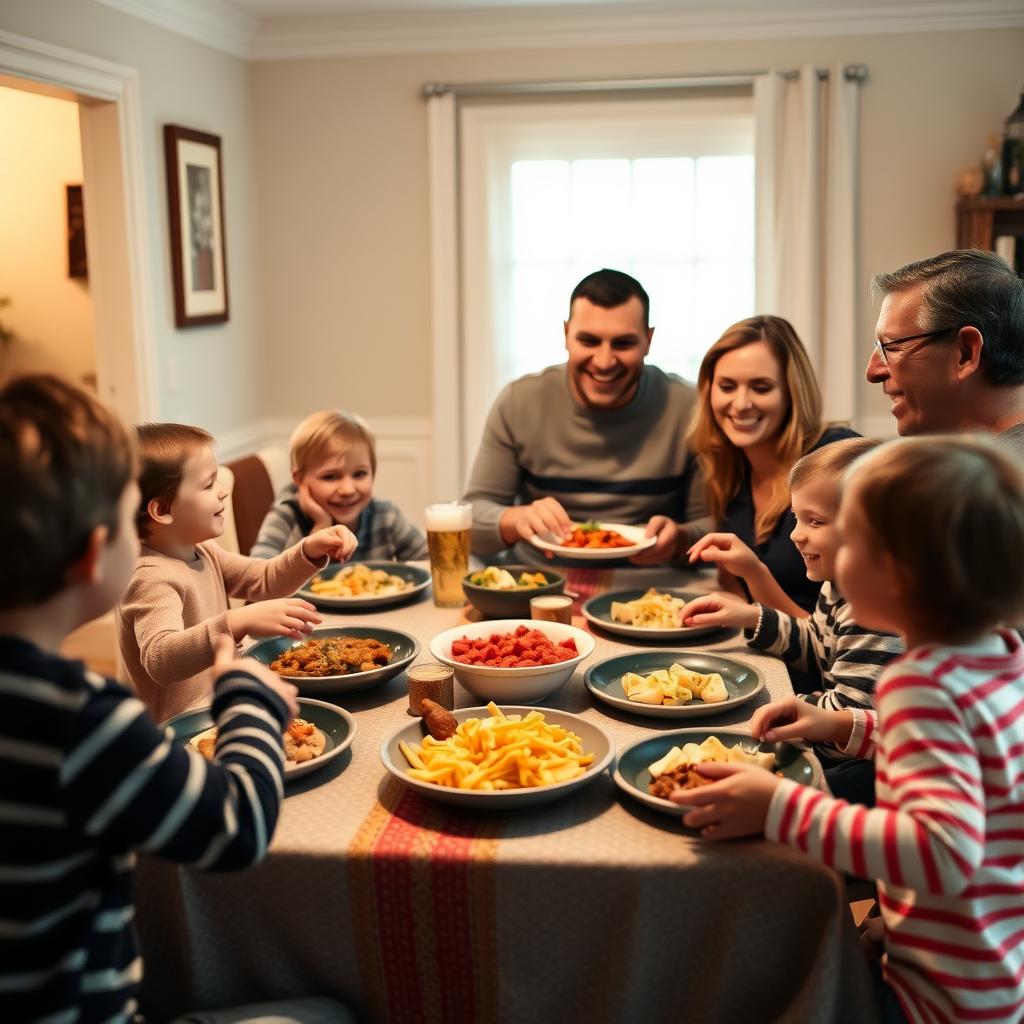 A family enjoying a meal together, illustrating the bonding power of family routines.