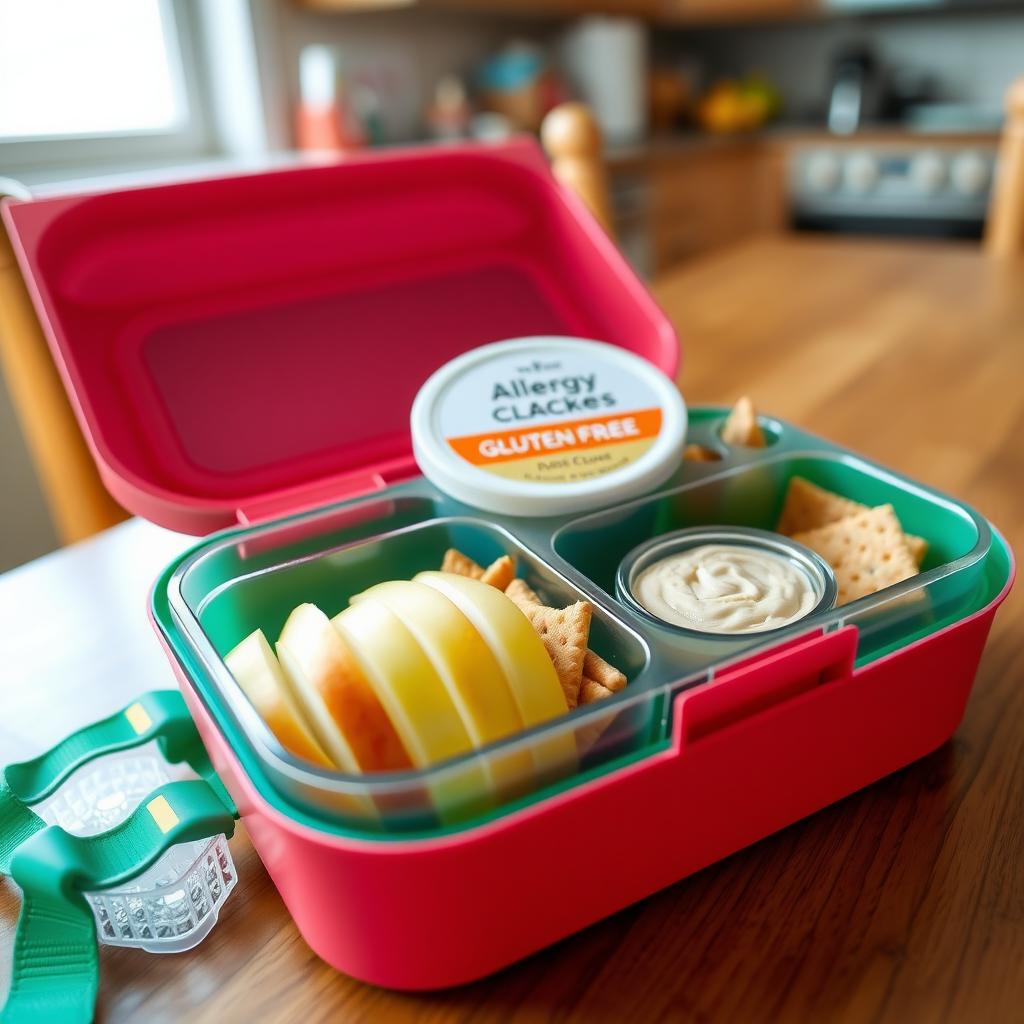A child’s lunchbox filled with allergy-safe foods, including apples, gluten-free crackers, and hummus, on a wooden table.