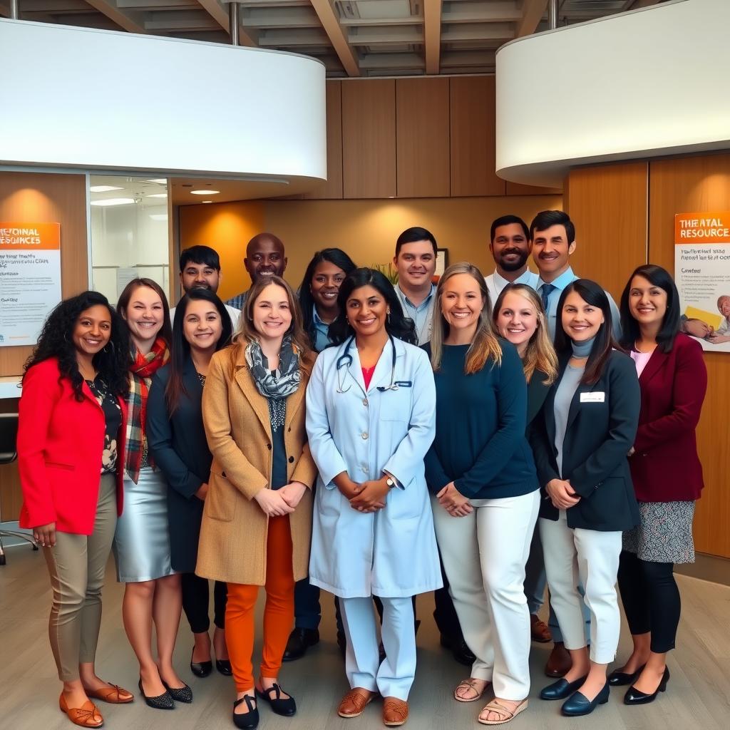 A diverse group of mental health professionals in a modern clinic, standing together in a welcoming reception area.