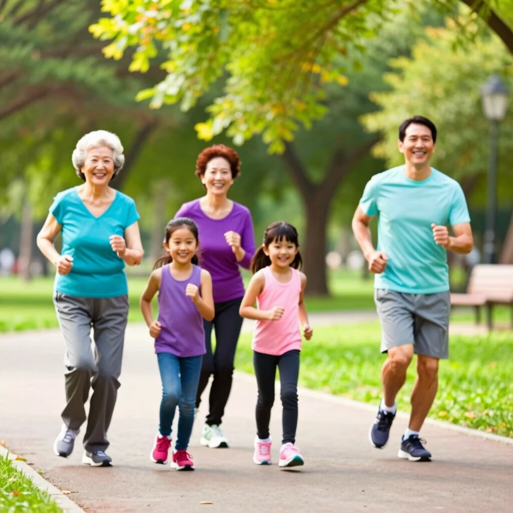 Happy multigenerational family jogging together in a sunny park