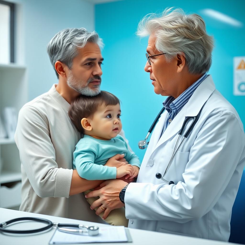 Pediatrician discussing FPIES diagnosis with a parent and child in a clinic.