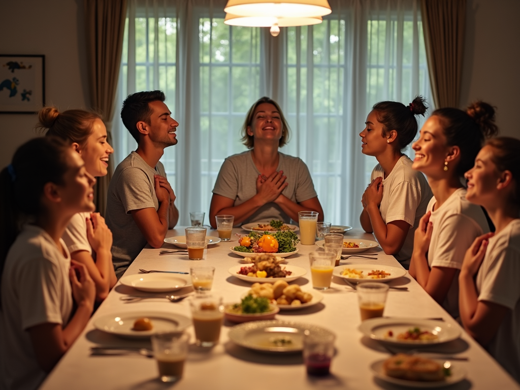 A family practicing mindfulness before a meal.