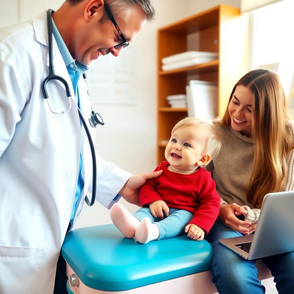 Pediatrician examining a toddler in a clinic with a parent present