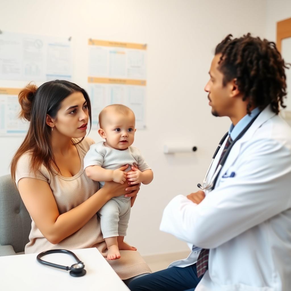 A parent and toddler consulting a pediatrician in a bright office.