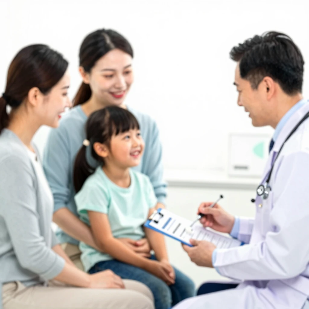 Family consulting with allergist about child's food allergy treatment