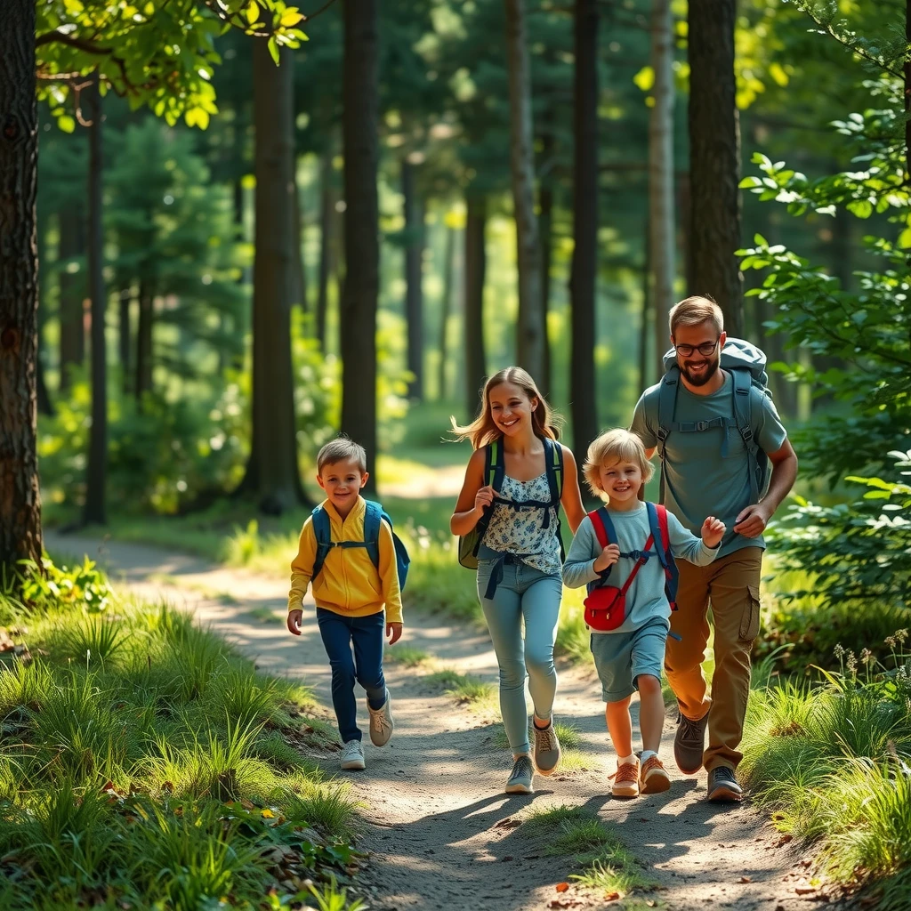 Family hiking together on a beautiful forest trail