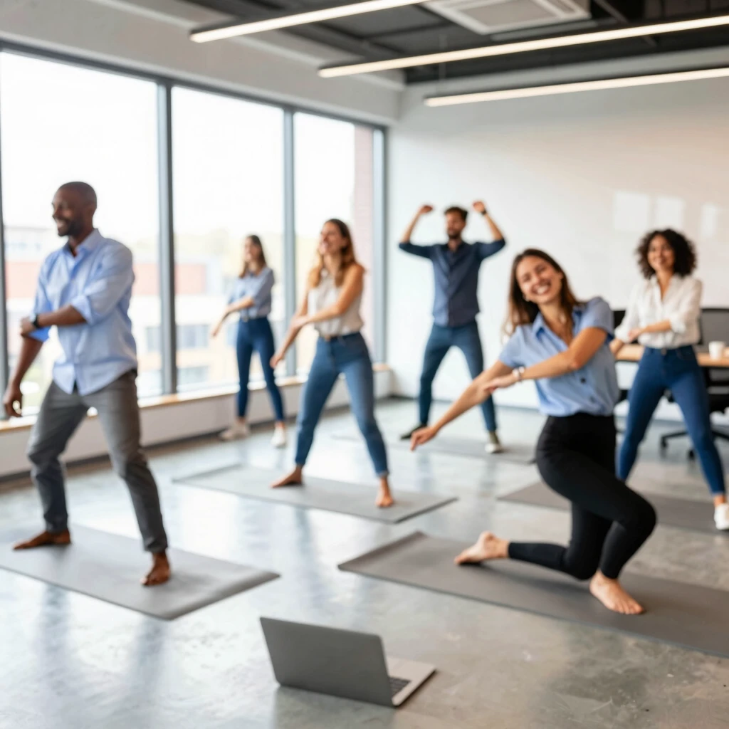 Office workers stretching together in a break room
