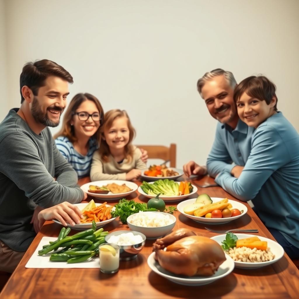 A family enjoying a safe, FPIES-friendly meal together at a cozy dining table with rice, vegetables, and turkey.
