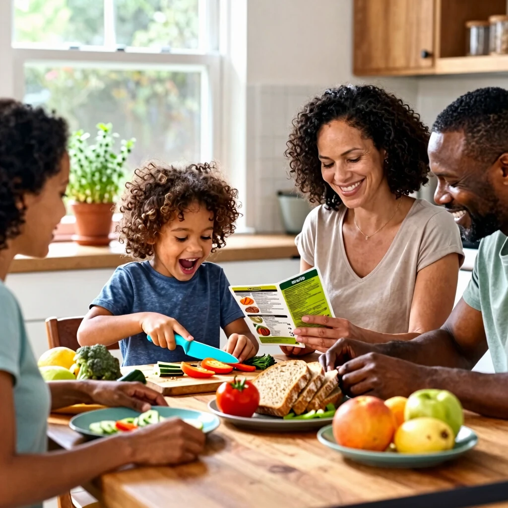 Happy family preparing an allergy-safe meal in the kitchen