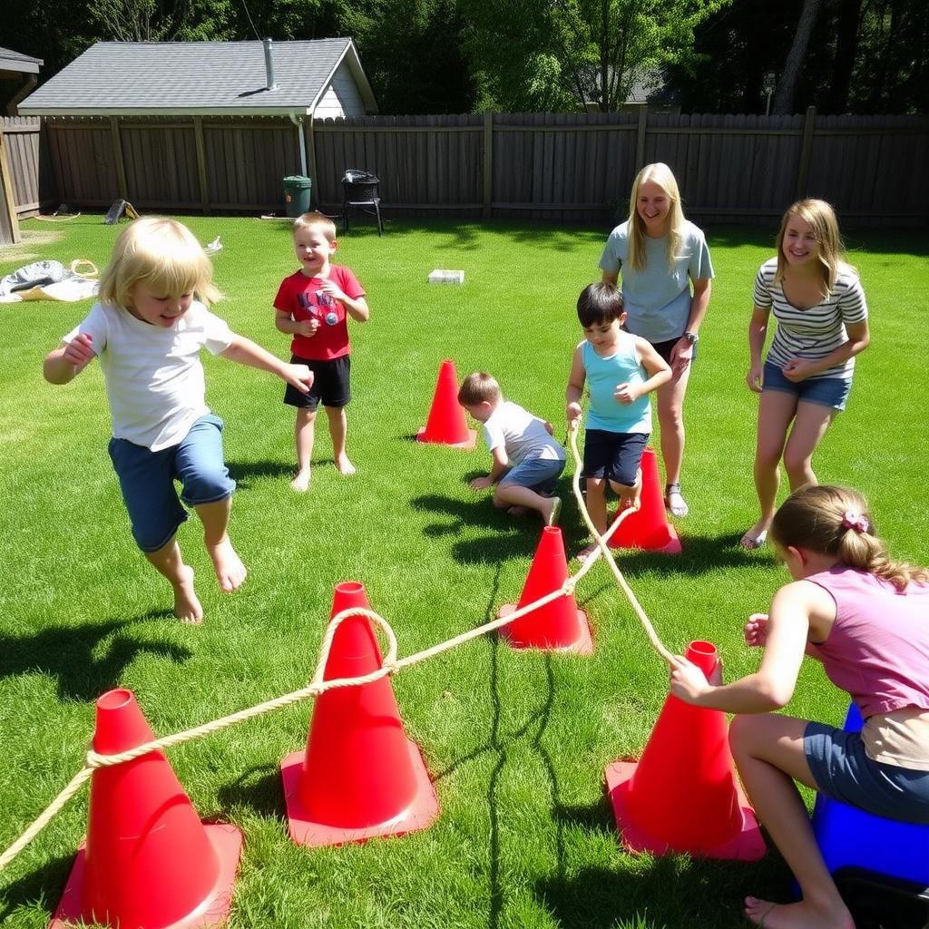 A family enjoys a backyard obstacle course with kids jumping over cones and crawling under ropes on a sunny day.