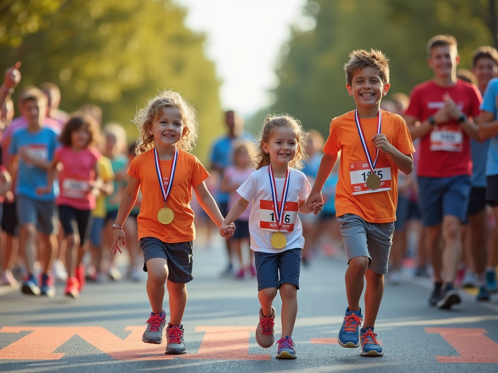 Family finishing a community fun run