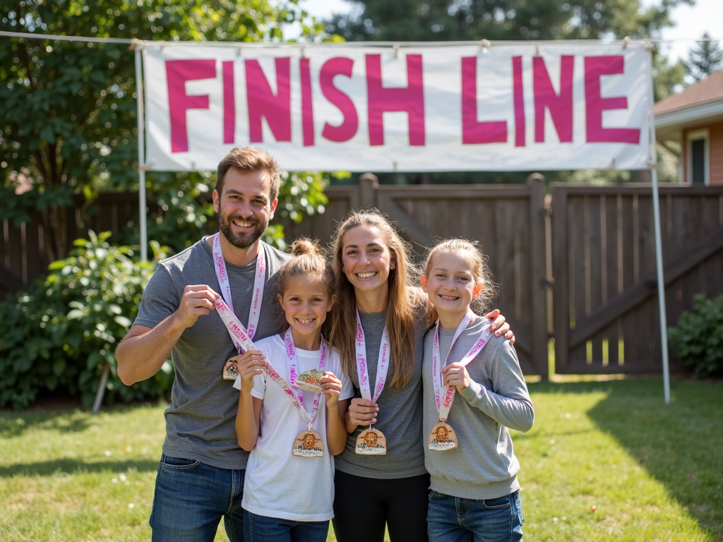 Family celebrating after a virtual 5K