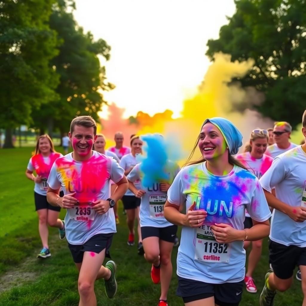 Runners covered in colorful powder jog through a park during a Color Run 5K at sunrise.