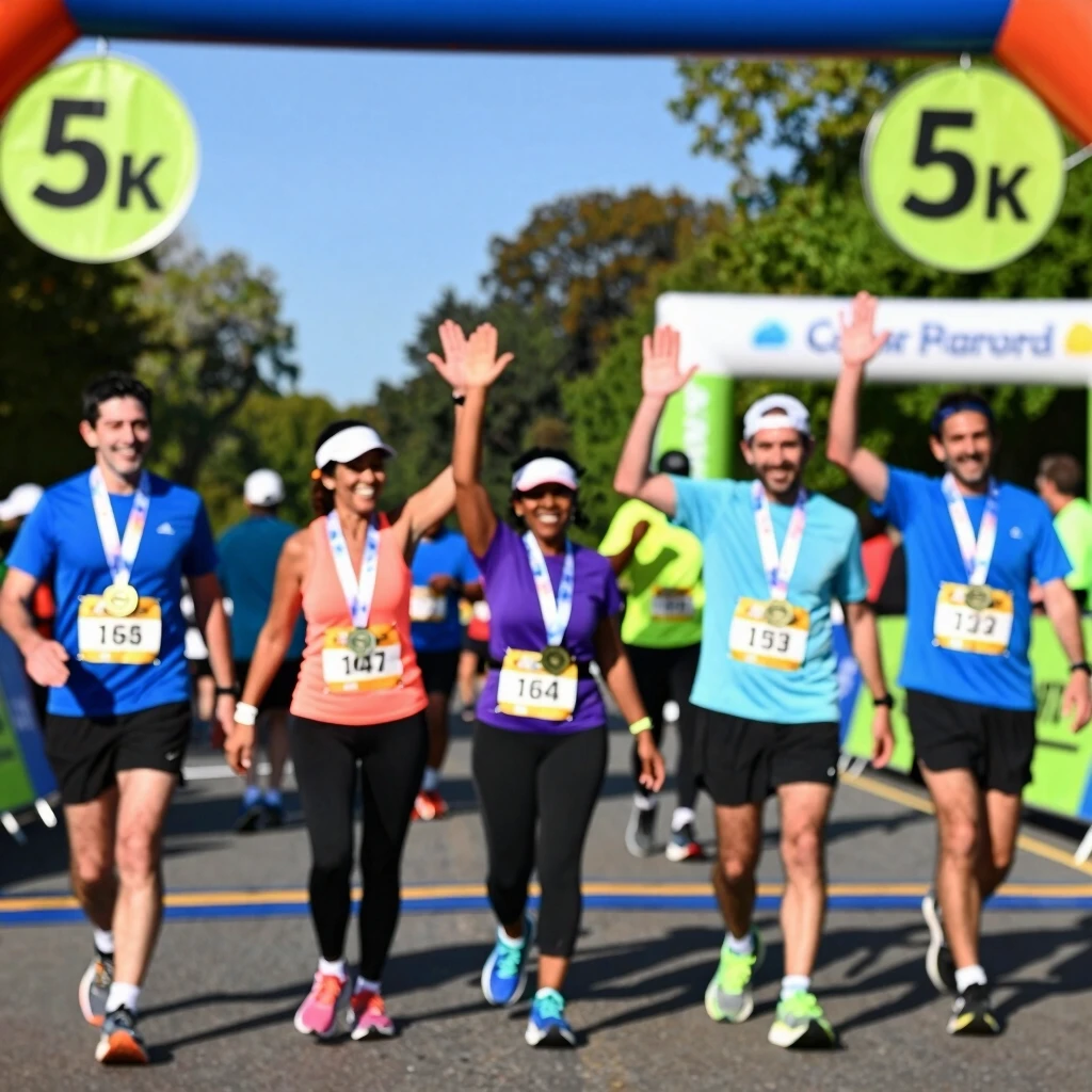 Beginners celebrating at the finish line of a 5K race